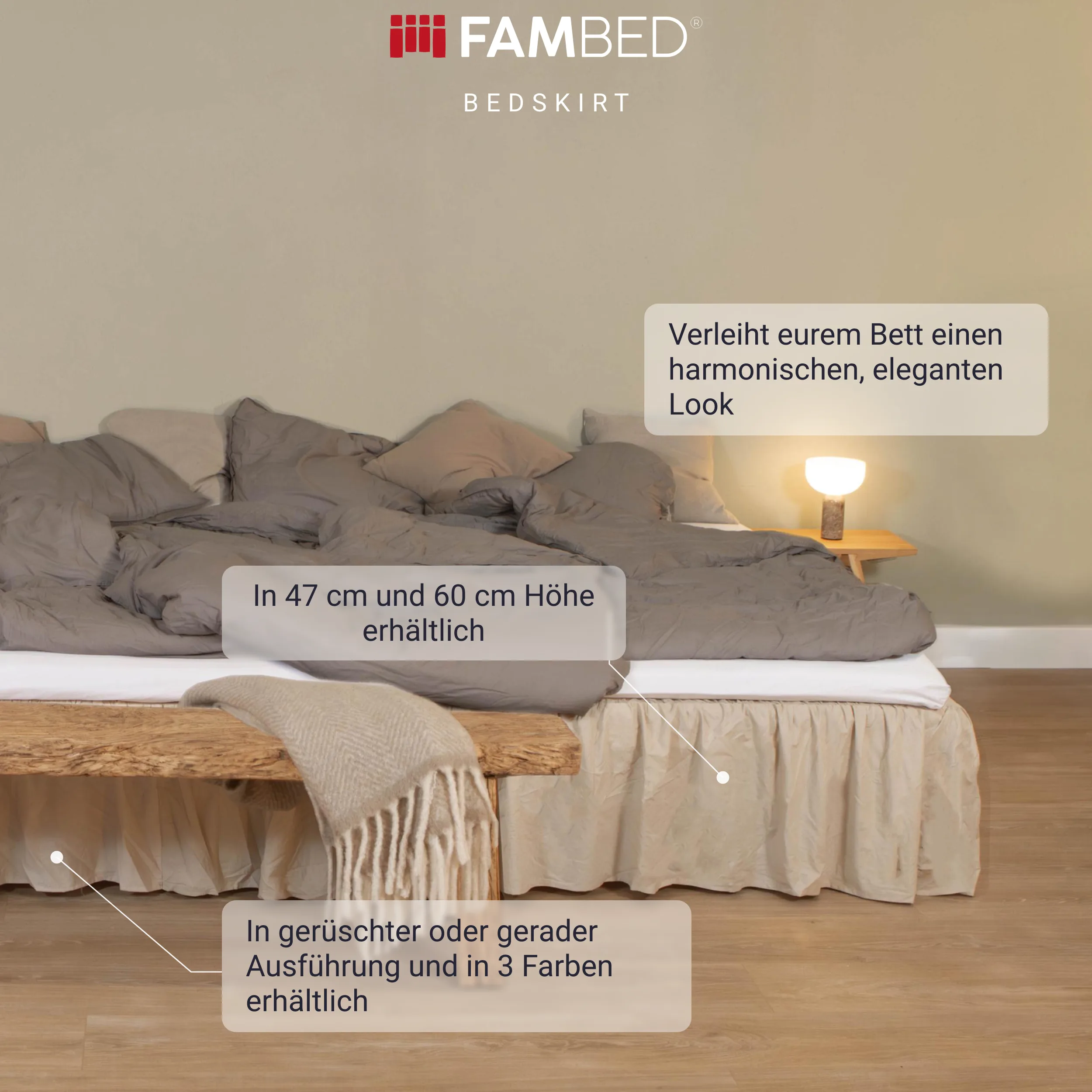 Infografik: bezogenes Bett mit beigem FAMBED Bedskirt und Hinweisen zur einheitlichen Optik, zu zwei Höhen sowie zur gewellten oder geraden Ausführung