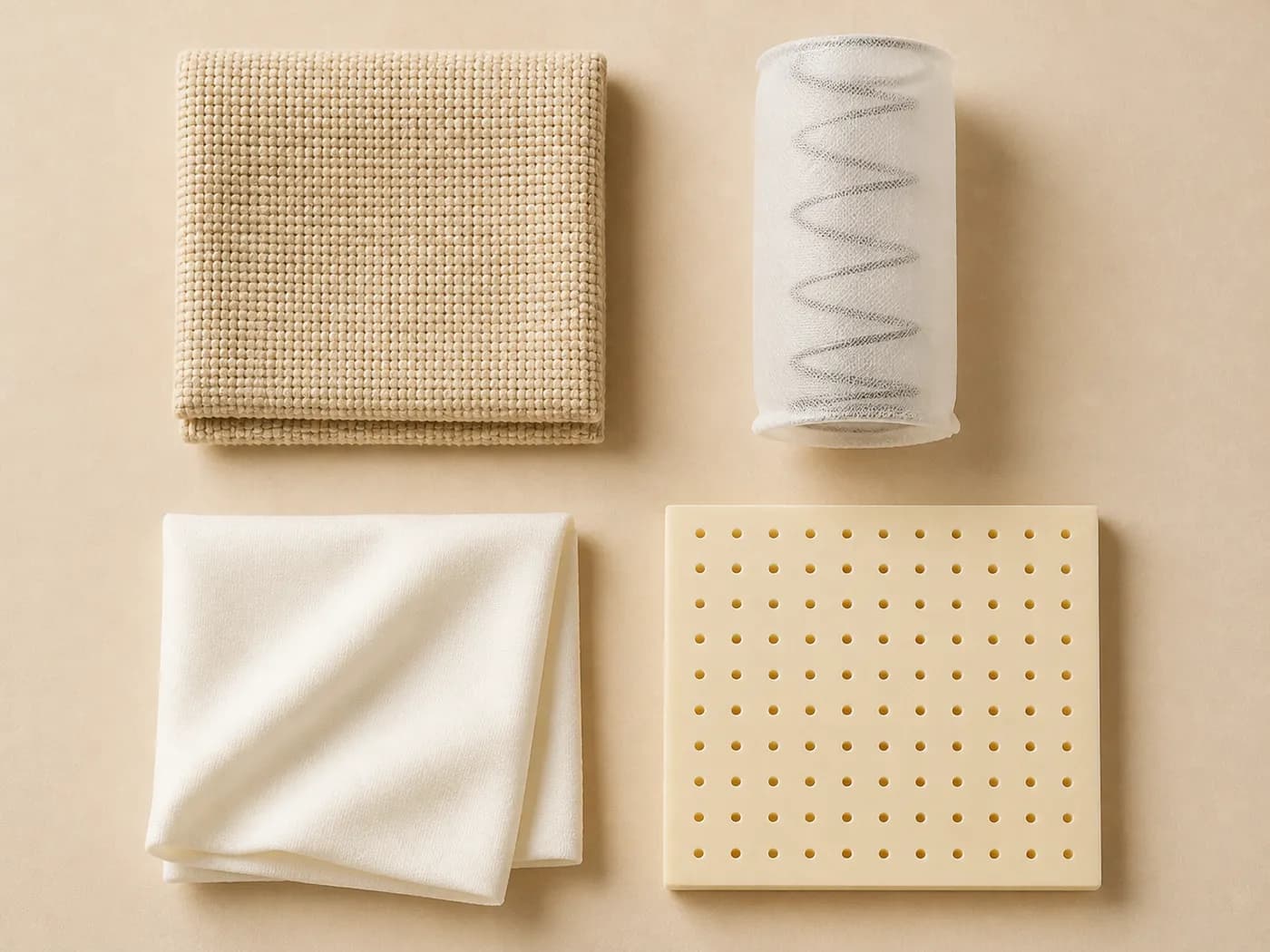 Vier Materialproben auf einer hellen Fläche: beigefarbener gewebter Bezugsstoff, eine einzelne Taschenfeder in ihrer Stofftasche, ein zusammengelegtes weiches weisses Textil und eine perforierte Naturlatexplatte.