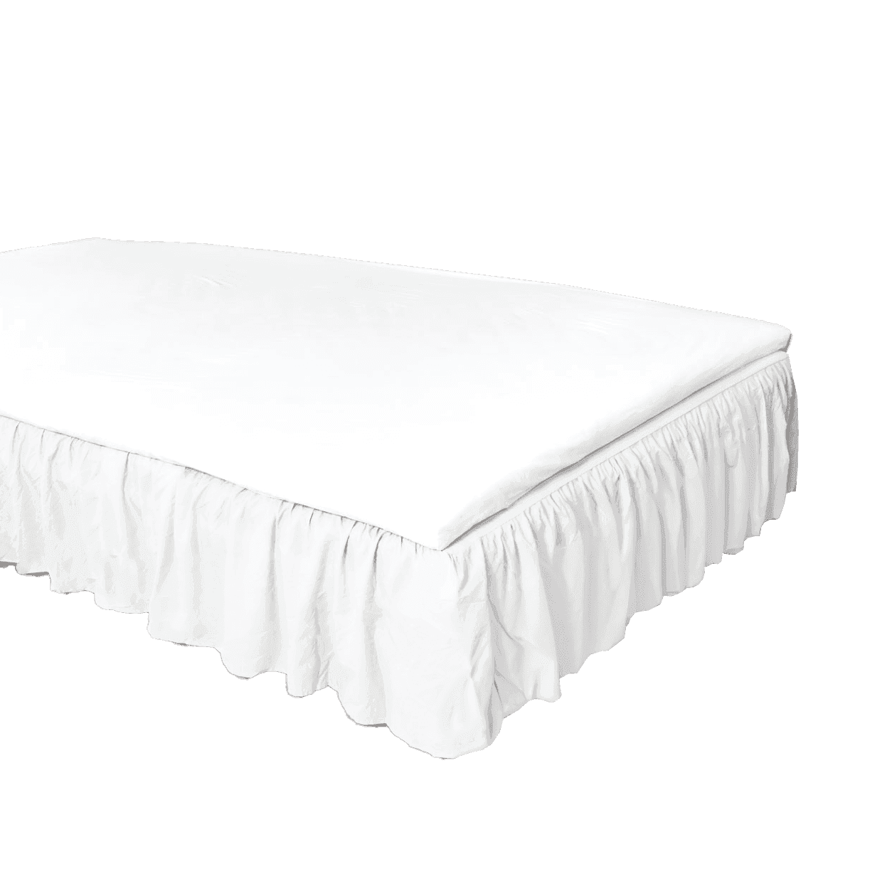 Weisser FAMBED Bedskirt, der die Bettbasis bis zum Boden verdeckt